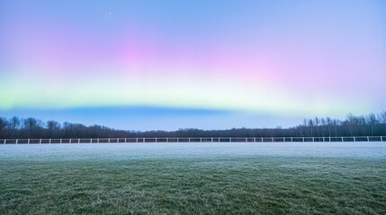 Wall Mural - Frosty field, aurora borealis, winter landscape, tranquil scene, nature photography