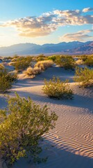 Poster - Golden light filters through soft clouds, illuminating the undulating desert sand. Sparse shrubs add life to the serene landscape, creating a tranquil oasis at dusk