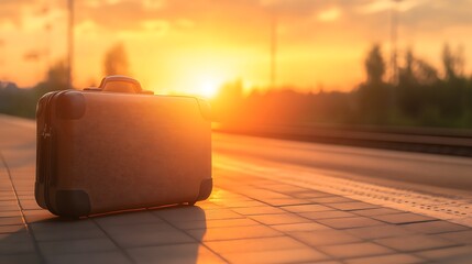 Aufkleber - A lone suitcase rests on a platform bathed in golden sunlight, evoking a sense of adventure and nostalgia at sunset.