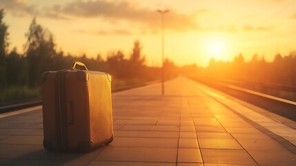 Aufkleber - A lone suitcase rests on an empty platform as the sun sets, creating a serene and nostalgic atmosphere.