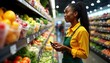 © Vadym - African American female employee works in grocery store. Examines fresh produce. Indoor setting, likely supermarket. Happy worker, likely staff member, stands among fruit, vegetable displays. Adult,