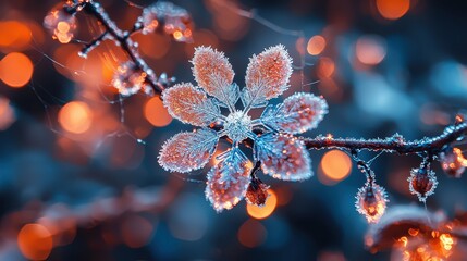 Wall Mural - Frost-covered branch with glowing bokeh background.