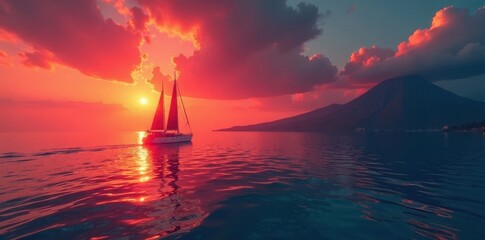 Wall Mural - crimson sky, lone ship sails crystal waters, volcanic isles in distance, sun, sea, sailboat