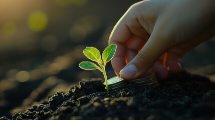 Wall Mural - Closeup on hand sustainable finance and investment concept with a plant sprouting from savings coins.