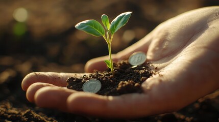 Wall Mural - Closeup on hand sustainable finance and investment concept with a plant sprouting from savings coins.