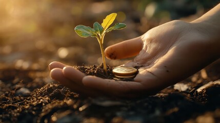 Wall Mural - Closeup on hand sustainable finance and investment concept with a plant sprouting from savings coins.