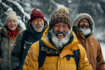 Wall Mural - Group of senior friends walking in snowy forest. Elderly people having fun outdoors.