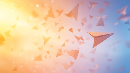 Fototapete - A vibrant abstract image featuring paper planes soaring through a colorful gradient background of orange and blue hues.