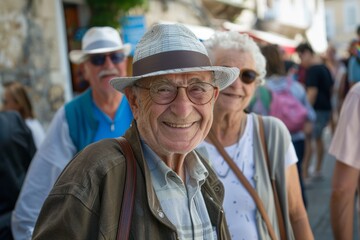 Wall Mural - Portrait of a happy senior man in hat and glasses on the street