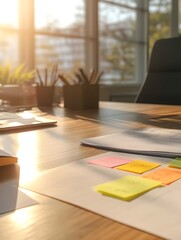 Aufkleber - A sunlit workspace features colorful sticky notes, a tidy desk, and potted plants, creating an inviting atmosphere for productivity and creativity.