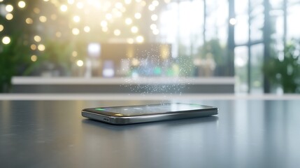Poster - A sleek smartphone rests on a table, surrounded by a modern, well-lit atmosphere, highlighting technology and innovation.
