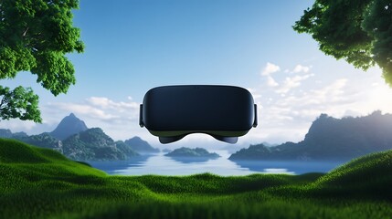 Poster - A virtual reality headset hovers above a serene landscape, surrounded by lush greenery and tranquil waters, suggesting an immersive digital experience.