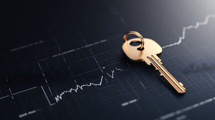 Fototapete - A golden key rests on a dark surface with a fluctuating line graph, symbolizing finance, security, and access to valuable information.