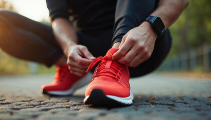  A person tying their bright red running shoes while preparing for a morning run in the sunshine. Captures the essence of active lifestyle, exercise, and outdoor activities in a motivational setting.