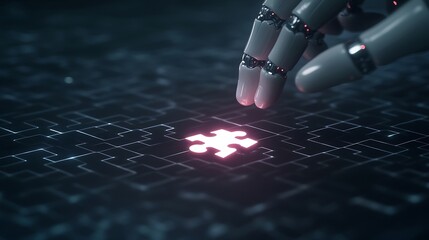 Poster - A robotic hand connects a glowing puzzle piece on a digital grid background.