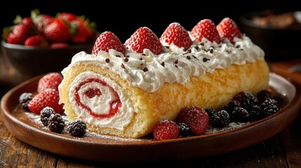 Wall Mural - A delicious dessert roll topped with strawberries and whipped cream.