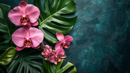 Poster - Blooming pink orchids are beautifully arranged among vibrant green leaves, showcasing their natural elegance against a rich, textured backdrop