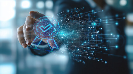 digital certification and security technology concept. a man projects a holographic certification ba