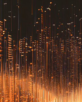 Dynamic Digital Landscape with LED-Like Vertical Lines and Warm Glowing Colors