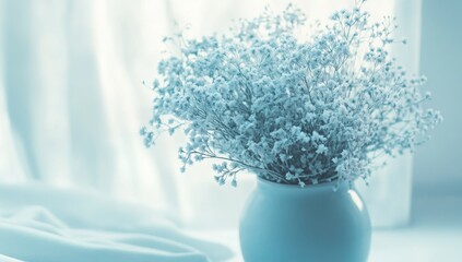 Wall Mural - Blue flowers vase windowsill serene sunlight decor