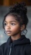 © EddieSnapix - An expressive young girl stands with a contemplative expression, her beautiful curly hair styled elegantly. She wears a simple black hoodie, showcasing her innocent charm