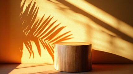 Wall Mural - wooden product display stand with palm leaf shadow