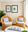 © ArtSync Studio - Cozy seating area with rattan chairs and tropical decor modern home interior design bright space