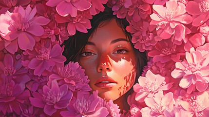 Wall Mural - Surreal portrait of a woman surrounded by pink flowers. Floral Surrealism. Illustration