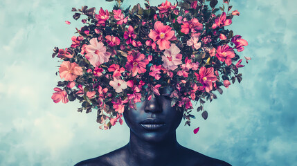 Wall Mural - Surreal portrait of person with a floral headpiece generative ai image. Floral Surrealism. Illustration