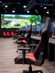 Poster - Modern gaming setup featuring ergonomic chairs and large screens in a sleek environment.