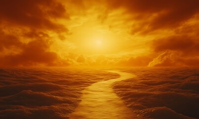 Aufkleber - Vibrant sunset over a tranquil sea, with a winding path leading to the glowing horizon.
