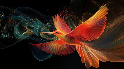 Poster - Hummingbird in flight abstract background digital art vibrant colors close-up nature inspired