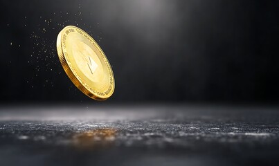 Poster - A golden coin spins above a reflective surface, illuminated by soft light, creating a dramatic effect.