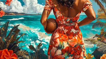 Wall Mural - closeup half body samoan woman floral dress