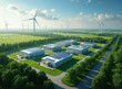 © Vadym - Modern eco-friendly data centers stand amid green fields, renewable energy sources. Solar panels cover building rooftops. Wind turbines generate clean energy. Sustainable tech practices highlighted.