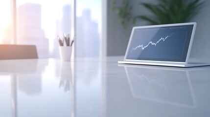 Poster - Modern workspace with a laptop displaying data analytics against a cityscape backdrop.