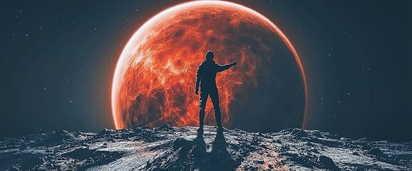Poster - Astronaut on alien planet, fiery red sun, space exploration, science fiction concept