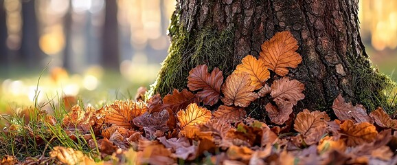 Aufkleber - Autumn leaves at tree base, park background, fall season