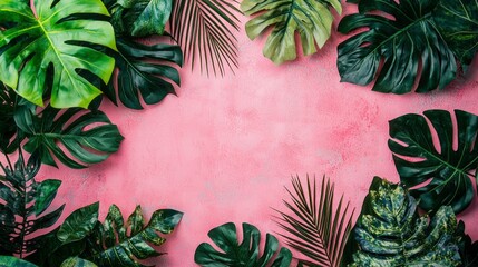 Poster - Tropical palm leaves beautifully arranged on a vibrant pink backdrop create a lively environment perfect for showcasing artistic ideas. The empty space allows for personalized text or branding