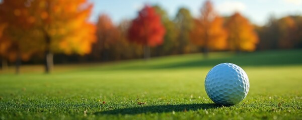 Golf ball on autumn golf course. Tranquil scene. Picturesque fairway with colorful trees. Peaceful fall sports image. Suitable for golf enthusiasts, nature lovers. Ideal for advertising fall golf