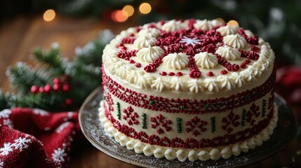 Wall Mural - A beautifully decorated festive cake with intricate icing designs.