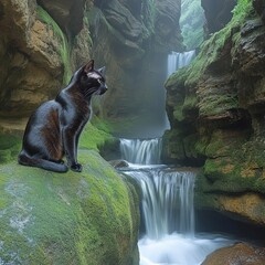 Wall Mural - Majestic Black Cat Poses by Enchanting Waterfall in Lush Green Canyon Landscape, Capturing Serene Nature's Beauty and Perfect Tranquility Amidst Flowing Waters