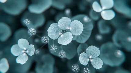 Poster - abstract image of interconnected plant leaves, appearing digital or graphic. pale gray blue hues dom