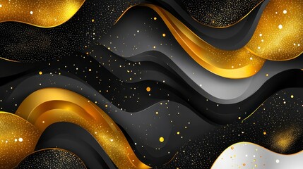 Wall Mural - Abstract design with gold and black wavy shapes and glittering particles