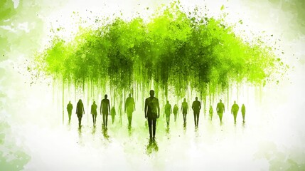 Poster - Abstract image of people walking toward a large green tree, light background, artistic style