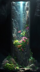 Poster - Abstract column, textured with stone like details, displaying vibrant flowers and plants growing within. Glowing light emanating from the center of