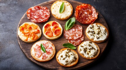 Sticker - Assortment of small appetizers, including sliced meats and cheeses on toasted bread rounds, arranged on a dark wooden board