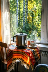 Canvas Print - Autumnal window view with a colorful table runner, electric kettle, and teacups