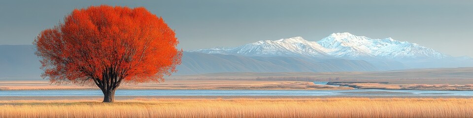 Wall Mural - Stunning Red Tree in Autumn Landscape with Snowy Mountain Background, Serene Water Reflection, Idyllic Nature Scene Perfect for Seasonal Travel Inspiration