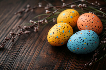 Wall Mural - Easter eggs with willow branches on wooden background